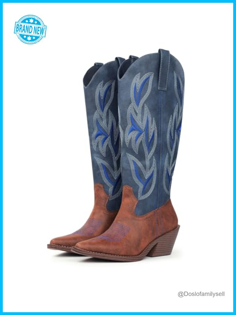 Knee High Cowgirl Boots Snip Toe Block Heel Faux Leather Western Boots